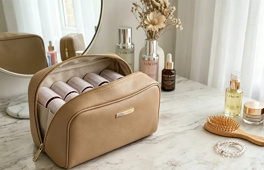 Professional Velcro Hair Rollers set with premium PU leather cosmetic bag on a vanity