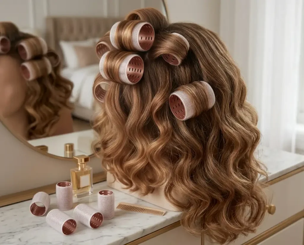Heatless curls styling tools including Velcro Hair Rollers in a luxury pouch