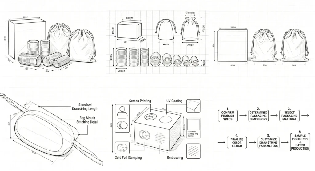 Hair roller packaging size guide with dimensions diagram for custom box and drawstring bag