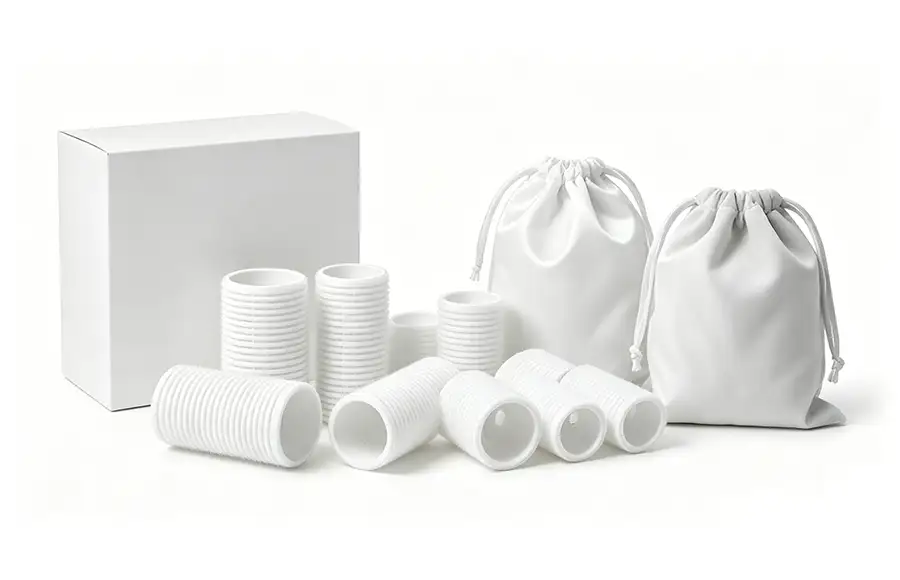 Blank hair roller set with custom packaging options: paper box, satin and velvet drawstring bags